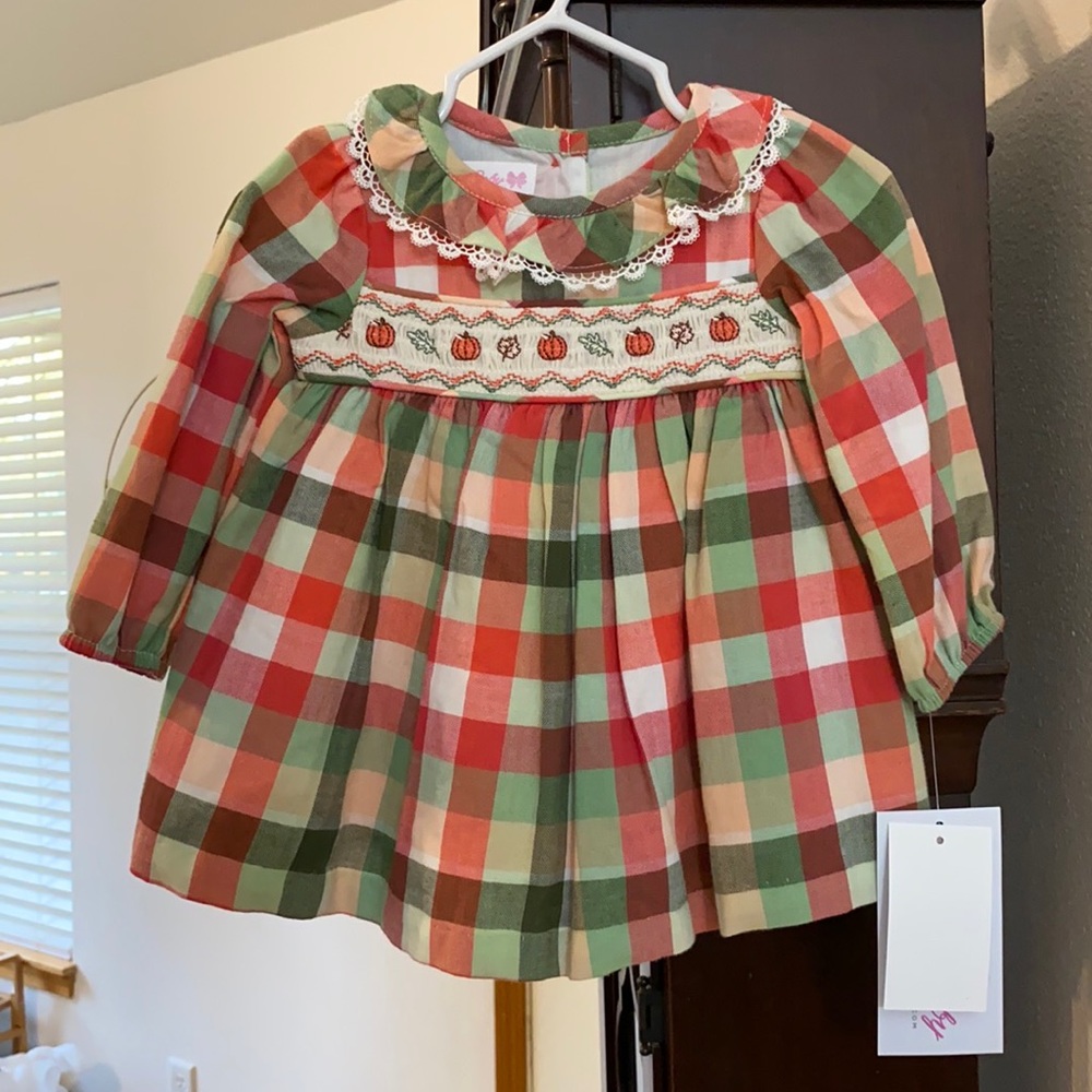 Bonnie Baby NWT Smocked Pumpkin & Leaves Fall/Autumn/Thanksgiving Dress 3M